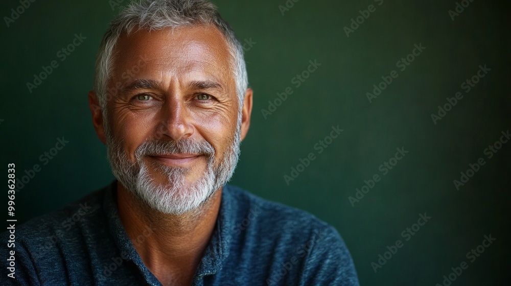 A man with a beard and gray hair is smiling at the camera. He is wearing a blue shirt and he is happy A man with a beard and gray hair is smiling at the camera. He is wearing a blue shirt and he is happy