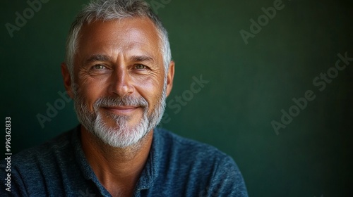 A man with a beard and gray hair is smiling at the camera. He is wearing a blue shirt and he is happy