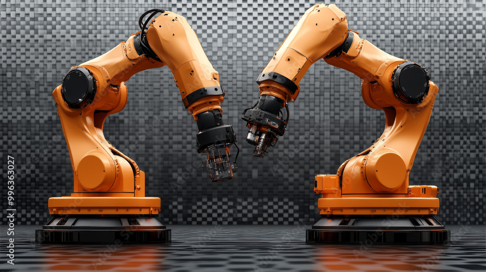 Two robotic arms, in a factory setting, ready to work. Two robotic arms, in a factory setting, ready to work.