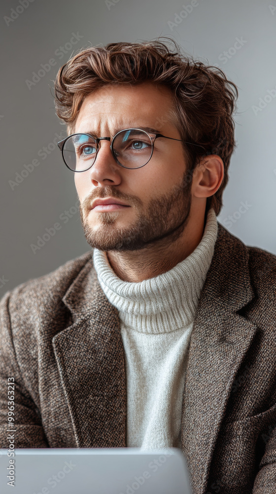 Obraz premium Young man in glasses looking up thoughtfully.
