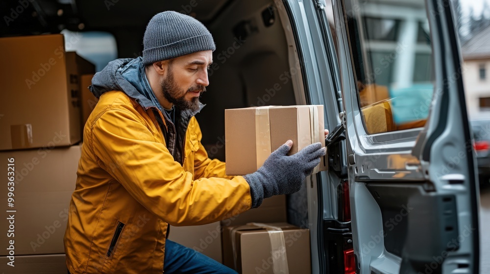 Delivery staff is checking the product boxes for delivery. Delivery staff is checking the product boxes for delivery.