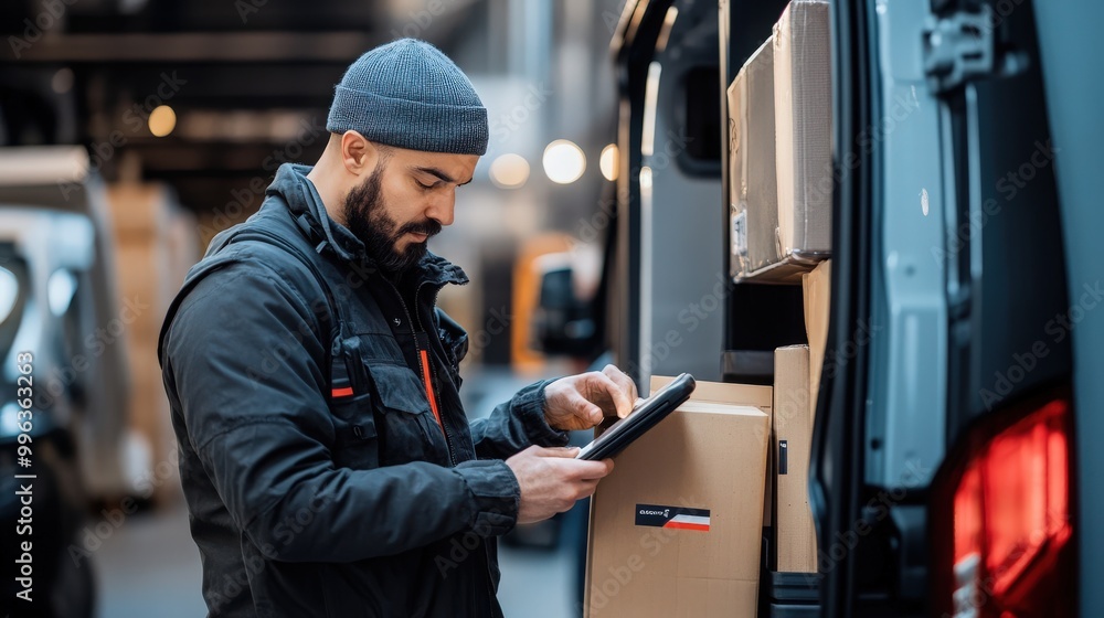 Delivery staff is checking the product boxes for delivery. Delivery staff is checking the product boxes for delivery.