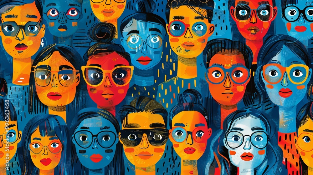 Obraz premium Quirky people portraits seamless pattern. Minimal, abstract contemporary style faces, funny comic characters. Decor textile, wrapping paper, wallpaper design. Tidy vector background