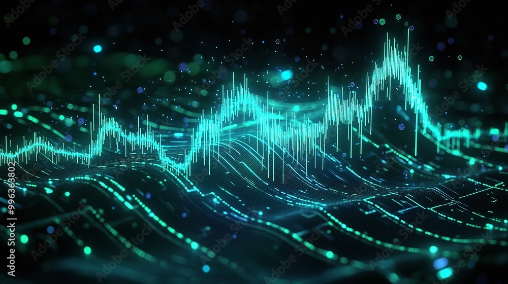 Abstract digital sound wave visualization with vibrant blue and green tones against a dark background. Abstract digital sound wave visualization with vibrant blue and green tones against a dark background.