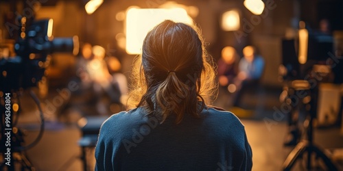 Casting Call in Progress, TV producer evaluates talent, blurred actors in background, soft lighting enhances professional atmosphere photo