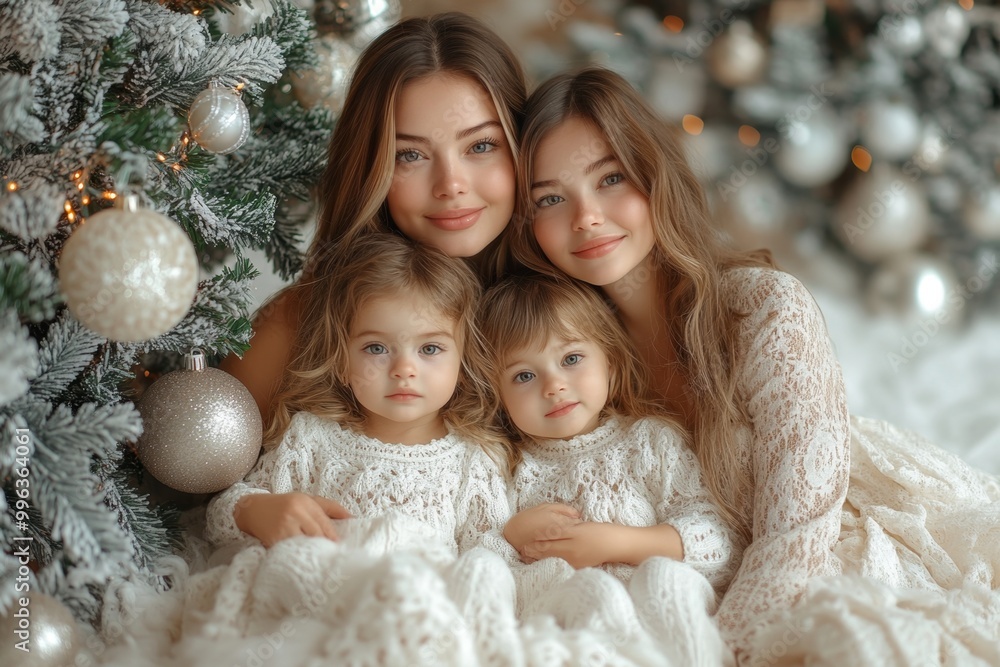 Beautiful young mother and heradorable little daughters in white knitted sweaters on Christmas background. Beautiful young mother with her cute little daughter at home near Christmas tree Beautiful young mother and heradorable little daughters in white knitted sweaters on Christmas background. Beautiful young mother with her cute little daughter at home near Christmas tree
