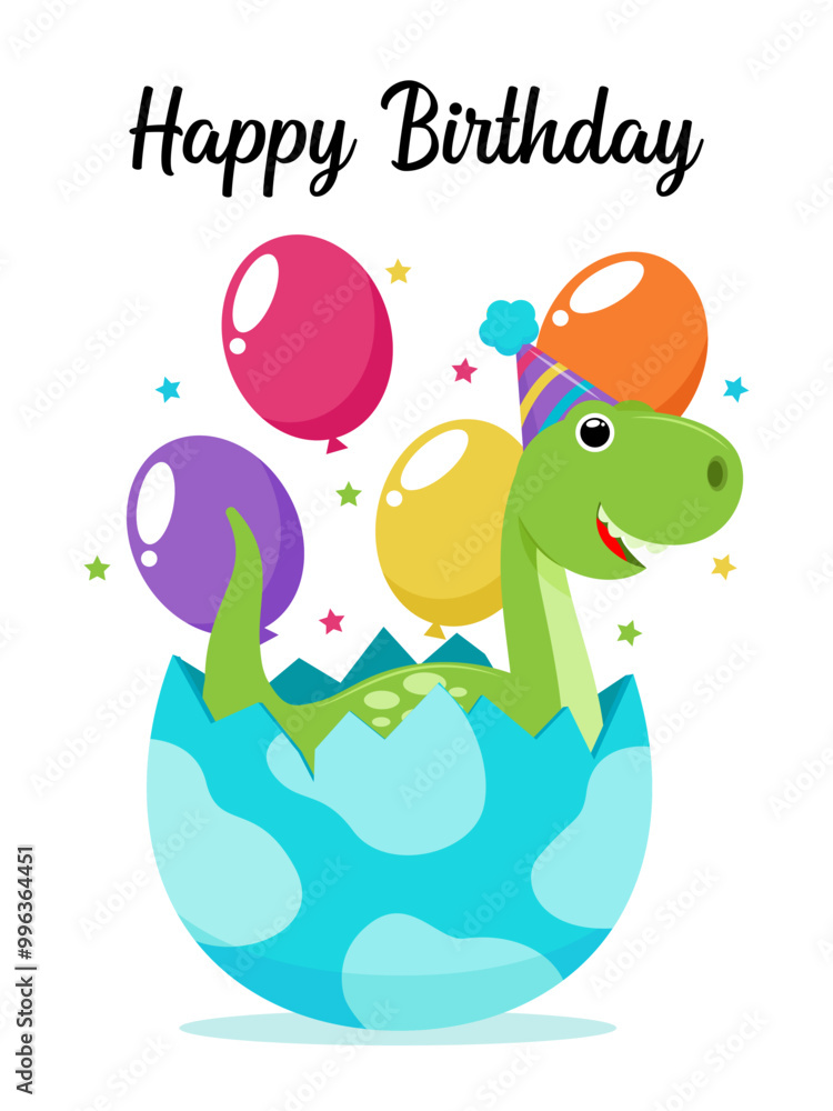 Obraz premium Vector dinosaur themed happy birthday card, Dinosaur hatching egg in party hat with balloons and stars. Perfect for birthday invitations, kids party decor, and celebration themes.