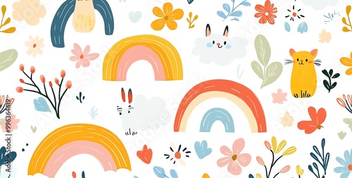 A cute doodle sticker sheet of cartoon animals, rainbows, and flowers