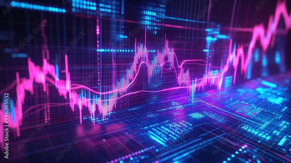 Fototapeta premium Abstract digital stock market chart with glowing lines and data visualizations in vibrant colors.