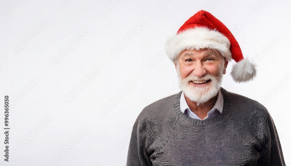 Joyful Elderly Man Wearing Santa Hat and Red Sweater, Smiling with Festive Cheer Against a Bright White Background. Perfect Holiday Themed Image Capturing Warmth and Laughter of the Christmas Spirit