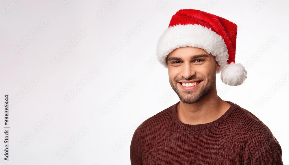 Smiling Young Man in a Festive Red Santa Hat and Cozy Brown Sweater Against a White Background, Embracing Holiday Spirit with a Cheerful Expression, Perfect for Christmas and Seasonal Celebrations Smiling Young Man in a Festive Red Santa Hat and Cozy Brown Sweater Against a White Background, Embracing Holiday Spirit with a Cheerful Expression, Perfect for Christmas and Seasonal Celebrations
