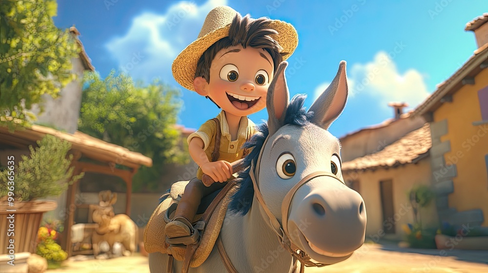 A smiling cartoon child riding a donkey, with plenty of room for copy ...
