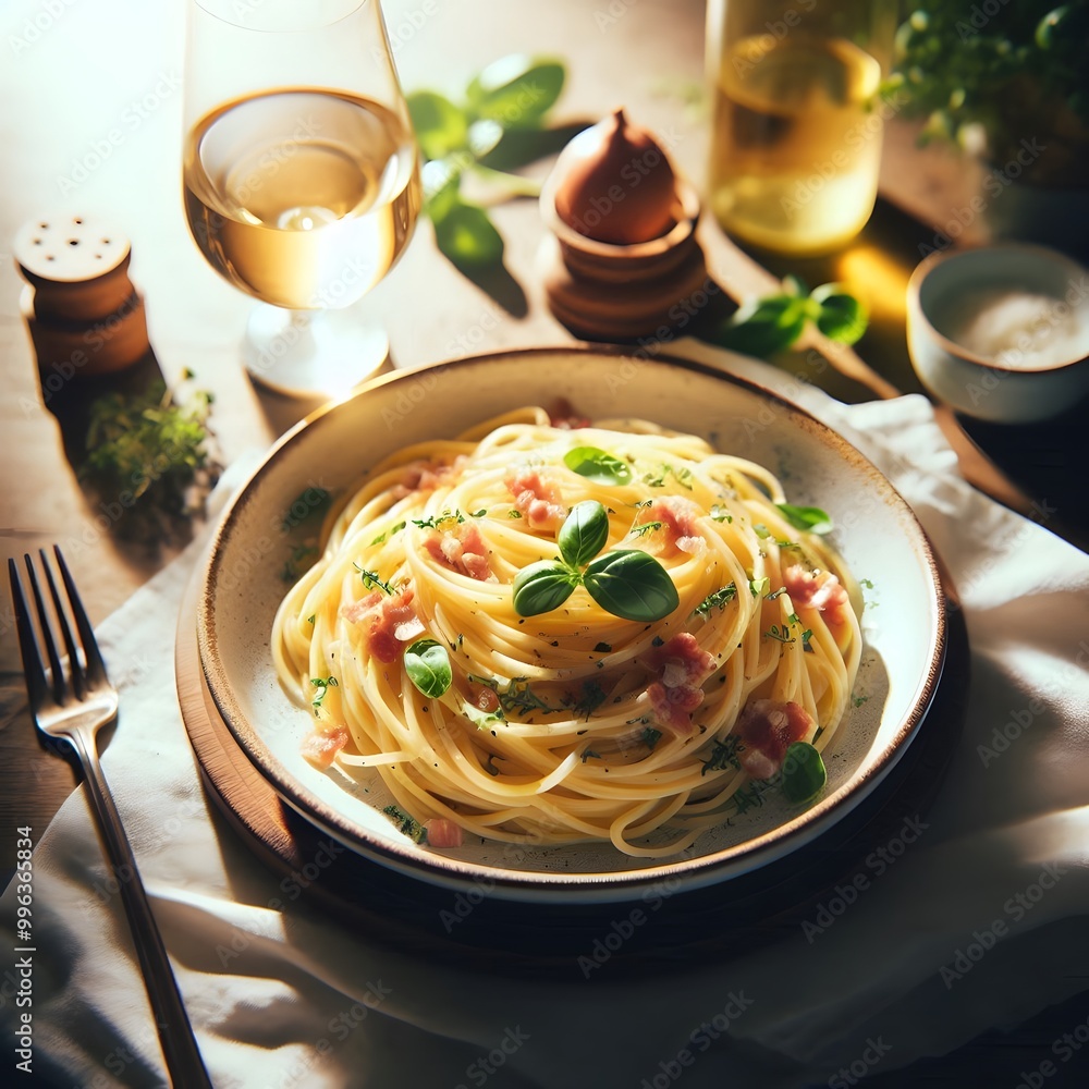 Spaghetti pasta on white plate on dark background Italian food Spaghetti pasta on white plate on dark background Italian food