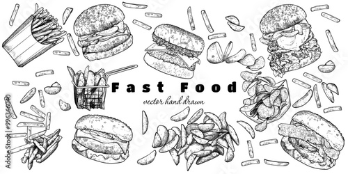 Vector hand drawn burgers, fries and wedges with lettuce, meat, bread bun, cheese, egg, bacon as ingredients. Vector outline and fill on white background. Ingredients are grouped separate.