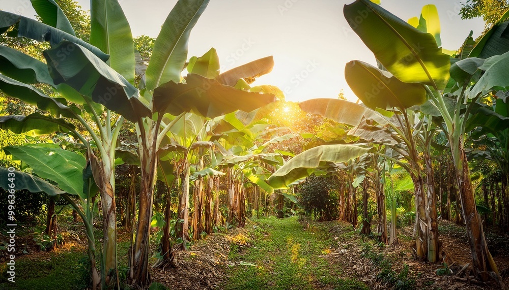 Obraz premium Outdoors sunny garden full of tropical banana tree plants full