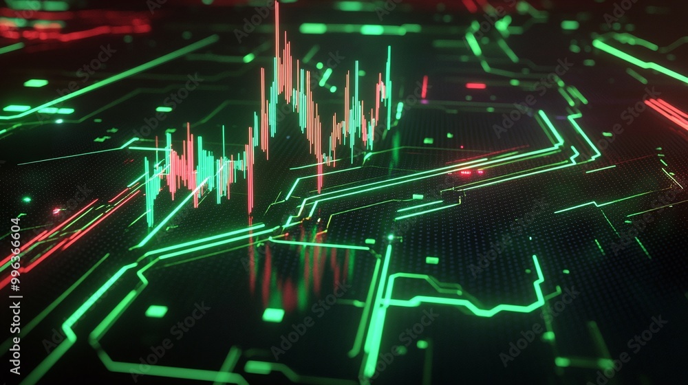 Abstract digital stock market graph with green and red lines over a circuit board background. Abstract digital stock market graph with green and red lines over a circuit board background.