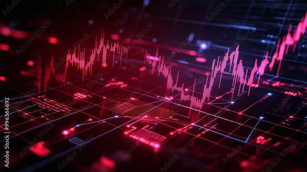 Abstract digital stock market graph with red and blue colors, illustrating financial trends and data visualization.
