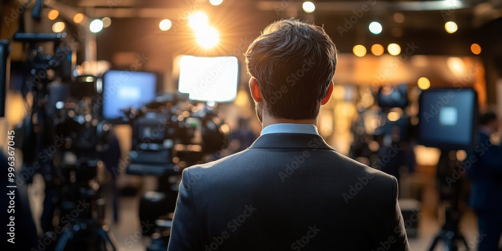 TV producer at press conference, media equipment in background, soft light enhances formal atmosphere, anticipation fills the air TV producer at press conference, media equipment in background, soft light enhances formal atmosphere, anticipation fills the air