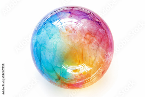 Close-up of a vibrant rainbow-colored soap bubble, floating against a white background.