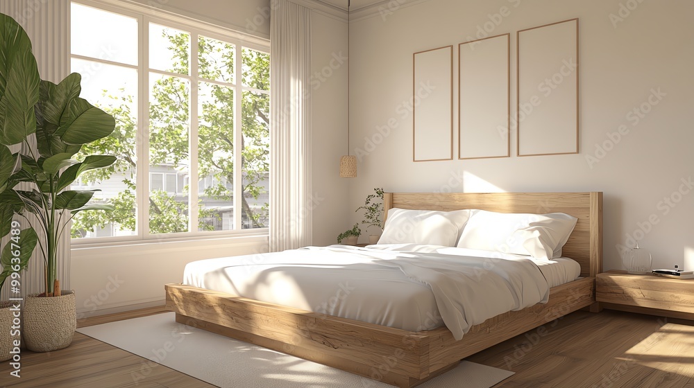Bright and airy bedroom featuring a wooden bed, natural light, and minimalistic decor, creating a serene atmosphere. Bright and airy bedroom featuring a wooden bed, natural light, and minimalistic decor, creating a serene atmosphere.