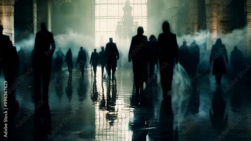 Group of shadowy figures walking through a misty, dimly lit hall, with their silhouettes reflecting off the shiny floor. A large window in the background casts a soft, eerie light. Group of shadowy figures walking through a misty, dimly lit hall, with their silhouettes reflecting off the shiny floor. A large window in the background casts a soft, eerie light.