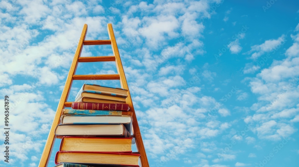 A ladder reaching toward the sky leans on a pile of books, representing education as a path to success A ladder reaching toward the sky leans on a pile of books, representing education as a path to success