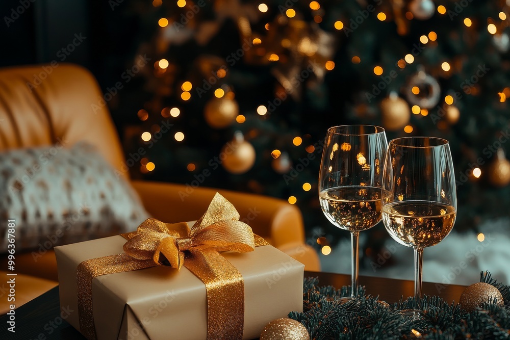 A glas of champagne and gifts around a Christmas tree, holiday, party, generative AI A glas of champagne and gifts around a Christmas tree, holiday, party, generative AI