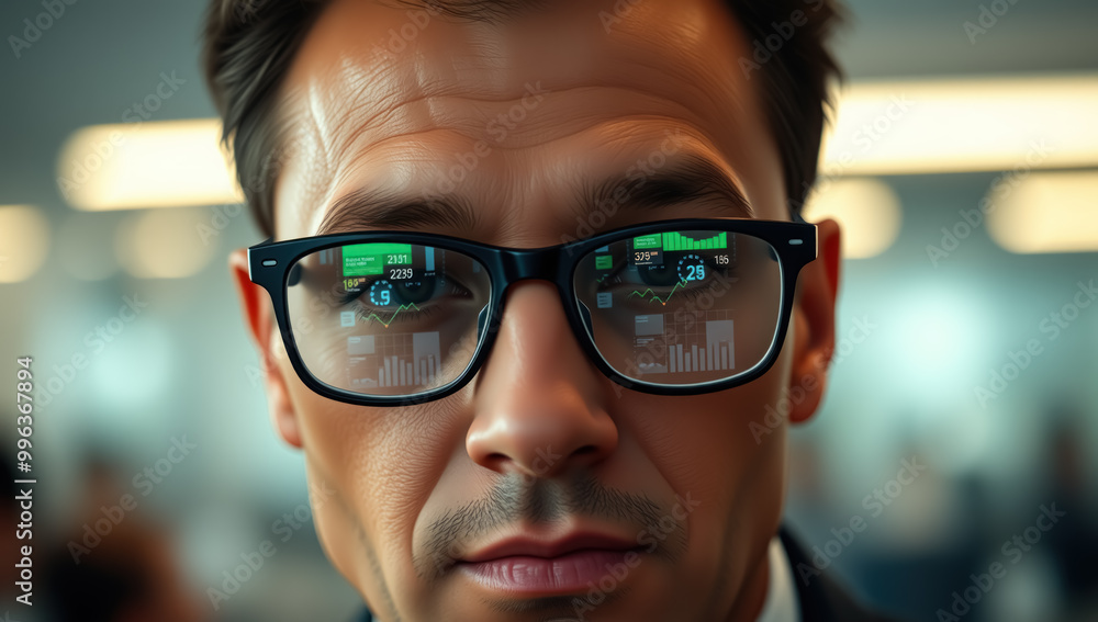 Man wearing glasses reflecting digital data visualizations on their lenses. Man wearing glasses reflecting digital data visualizations on their lenses.