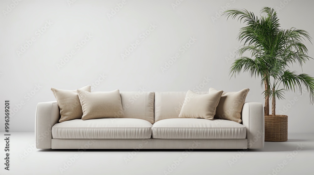 Stylish beige sofa with decorative pillows next to a lush green plant against a minimalistic white wall, ideal for modern interiors. Stylish beige sofa with decorative pillows next to a lush green plant against a minimalistic white wall, ideal for modern interiors.