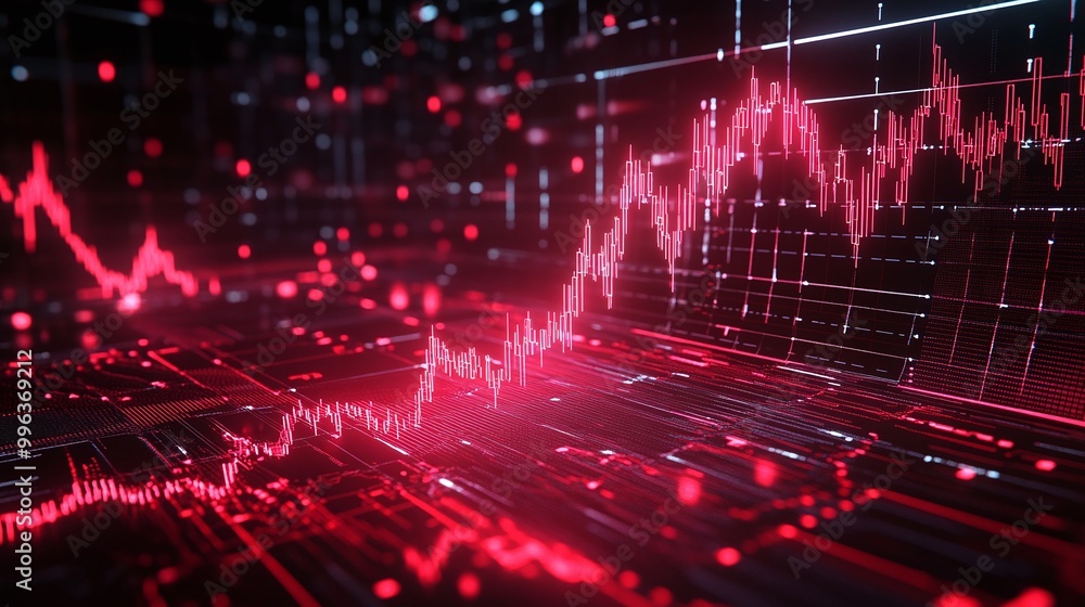 Abstract digital visualization of financial data with red graphical lines on a dark background. Abstract digital visualization of financial data with red graphical lines on a dark background.