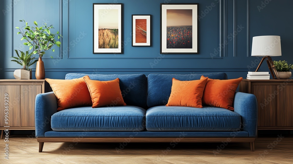 Fototapeta premium Stylish blue sofa with orange cushions in a modern living room setting featuring framed artworks and decorative plants.