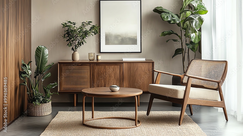 Stylish living room featuring wooden furniture, elegant decor, and indoor plants, creating a cozy atmosphere. Stylish living room featuring wooden furniture, elegant decor, and indoor plants, creating a cozy atmosphere.