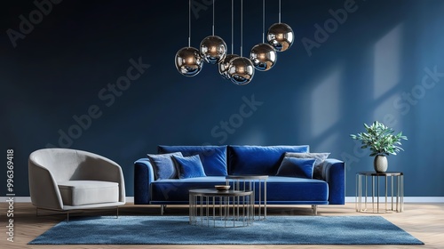 Stylish living room featuring a blue sofa, modern lighting, and decorative plant against a deep blue wall.