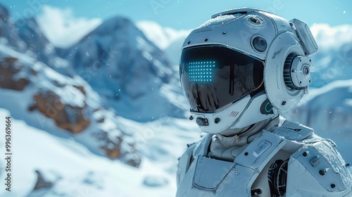 The robot is located on top of a snow-covered mountain. Cyborg in winter in the mountains photo