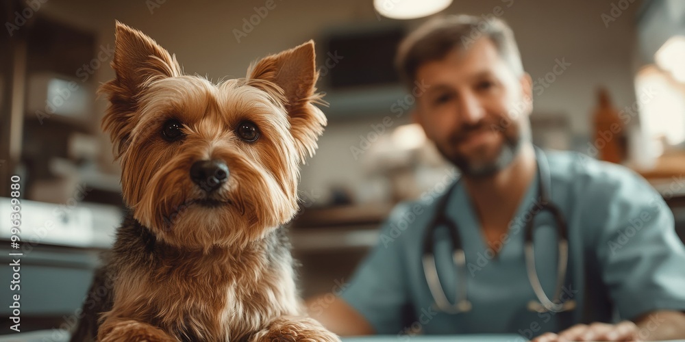 Veterinarian Care in Action, a dedicated vet examining a dog in a warm, inviting clinic environment, emphasizing compassion and expertise