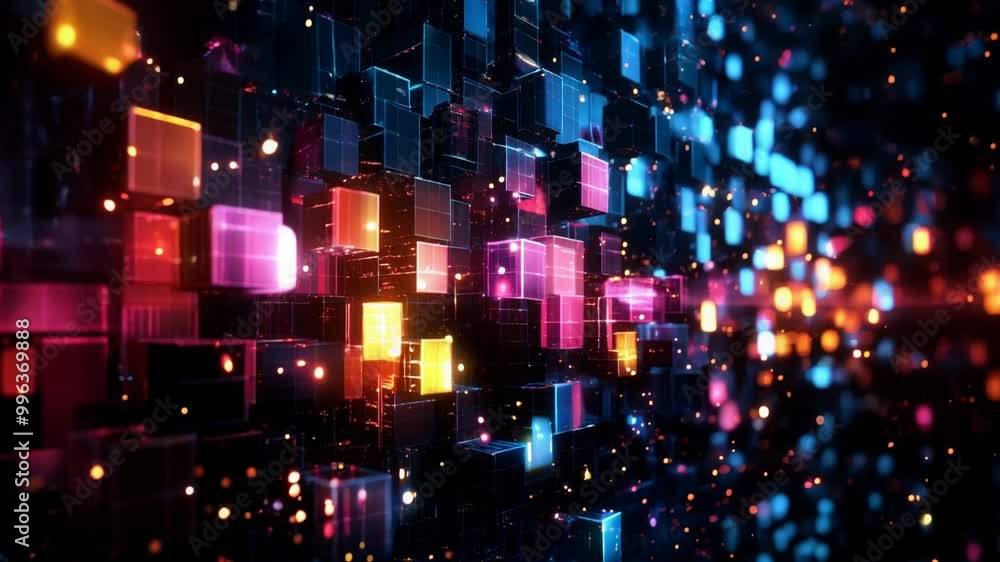 Vibrant digital landscape featuring glowing 3D cubes in various colors ...
