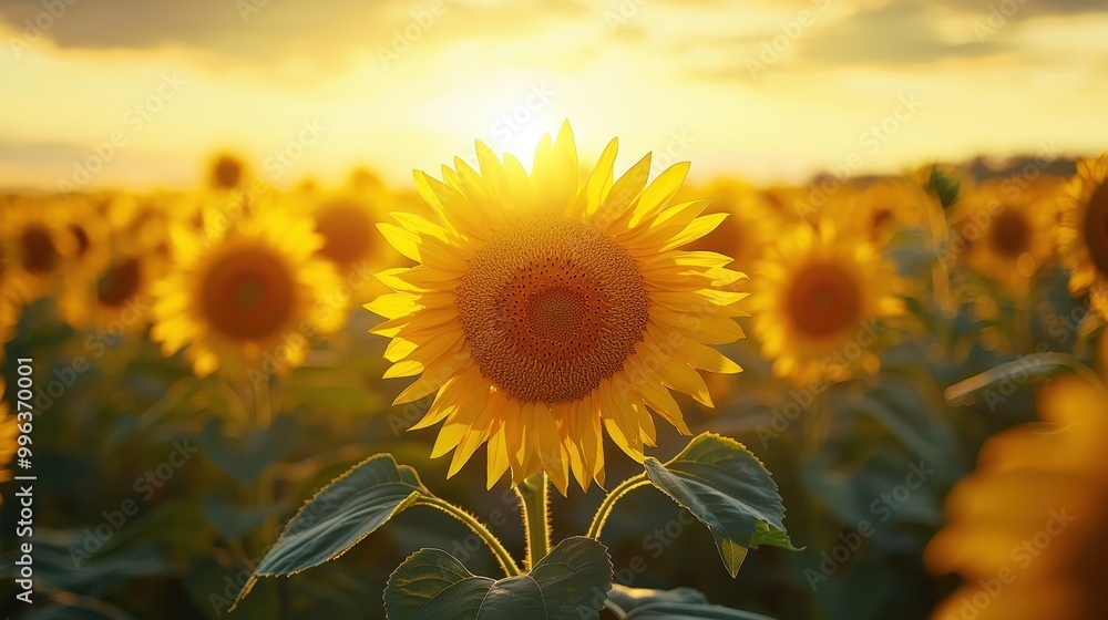 Obraz premium Golden Sunset Drive - Stunning Highway Scene Through Vibrant Sunflower Field at Twilight.