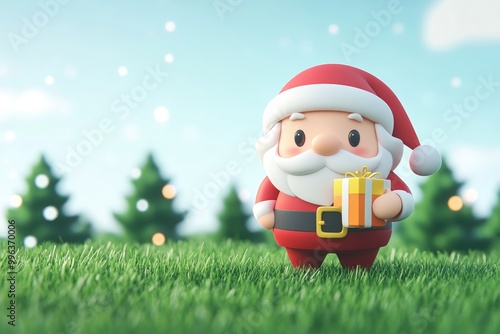 Cute Santa Claus cartoon character holding a gift box standing on green grass with Christmas trees in the background.