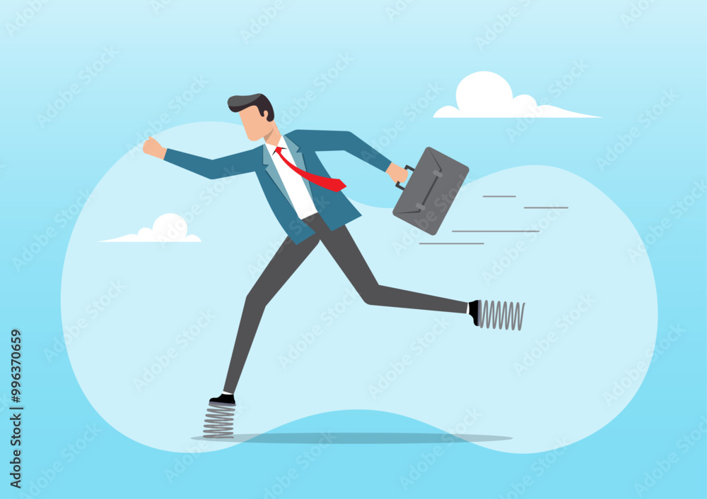 businessman running fast with elastic spring businessman running fast with elastic spring