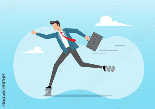 businessman running fast with elastic spring 