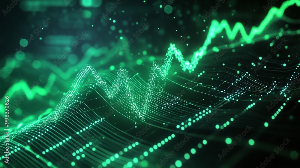 Abstract digital wave graph with glowing green lines on a dark background, representing data trends and analytics. Abstract digital wave graph with glowing green lines on a dark background, representing data trends and analytics.