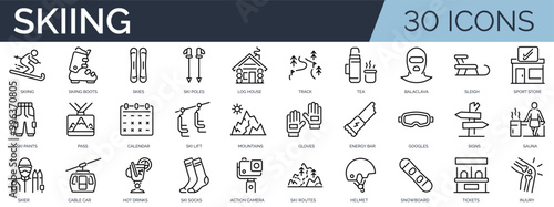 Set of 30 outline icons related to skiing. Linear icon collection. Editable stroke. Vector illustration