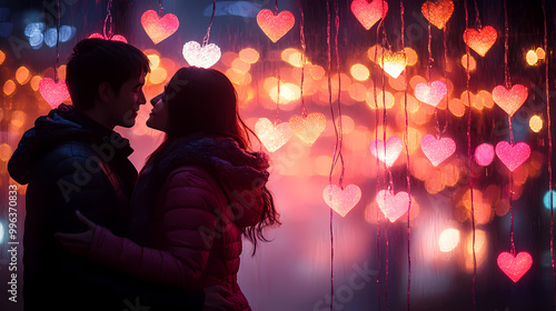 couple kissing in the night. Couple dancing, bride and groom kissing, couple at night, people dancing in the nightclub. Neon background. Love and romance concept. Valentine or Love Card. Led light.	 photo