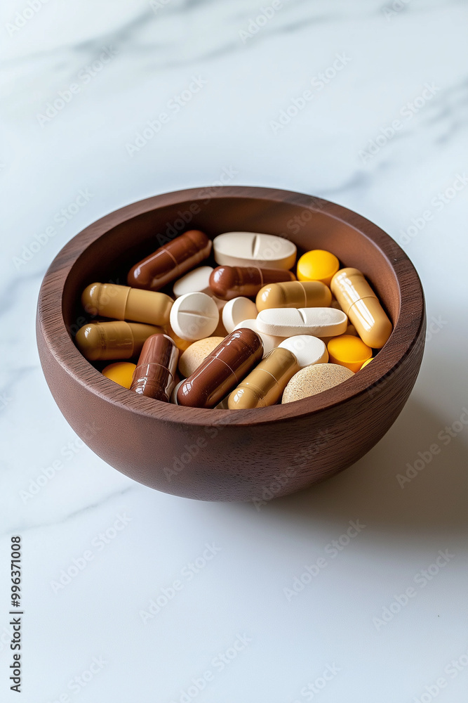 Wooden bowl full of different pills and capsules on marble table. Vitamins and minerals, superfood, dietic supplements, healthy diet. Medicine, healthcare, pharmaceuticals, health and wellness Wooden bowl full of different pills and capsules on marble table. Vitamins and minerals, superfood, dietic supplements, healthy diet. Medicine, healthcare, pharmaceuticals, health and wellness