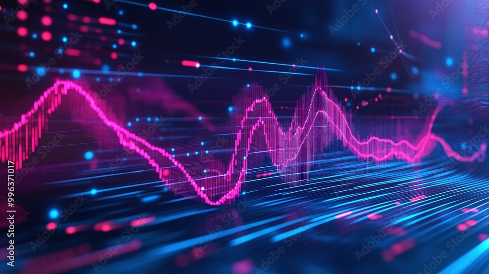 Abstract digital wave graph with vibrant neon colors and flowing lines on a dark background. Abstract digital wave graph with vibrant neon colors and flowing lines on a dark background.