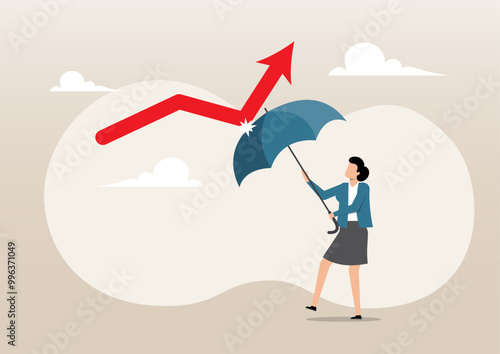 businesswoman holding strong umbrella to recover red arrow economic graph