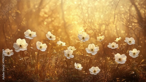 Fototapeta Naklejka Na Ścianę i Meble -  Wild forest white anemone in a sunlit woodland showcased against a rich brown gold backdrop Ideal for a spring bloom wallpaper border or design template