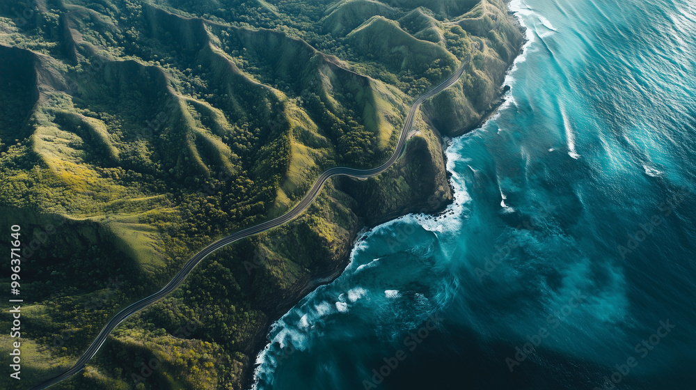 Fototapeta premium Widok z góry na malowniczą trasę podkreśla majestat górskiego krajobrazu, gdzie droga wijąca się między szczytami prowadzi do ukrytych dolin. 