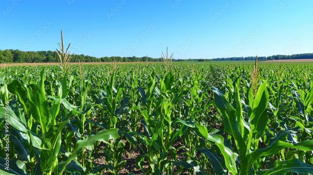 Fototapeta premium Vibrant green corn plants thrive in a sunny field under a clear blue sky showcasing the beauty of agricultural growth