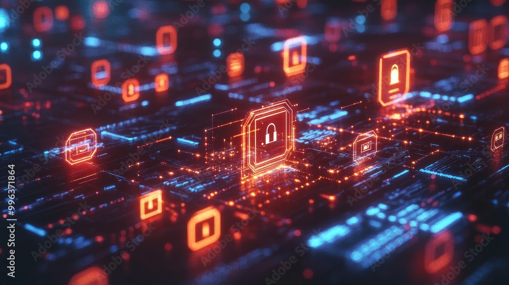 A concept of AI cybersecurity, with glowing digital shields and locks, showing AI protecting data and networks. A concept of AI cybersecurity, with glowing digital shields and locks, showing AI protecting data and networks.